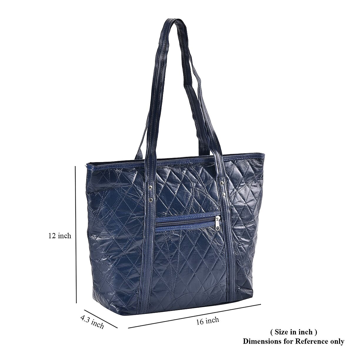 Blue Quilted Checker Pattern Genuine Leather Tote Bag image number 4