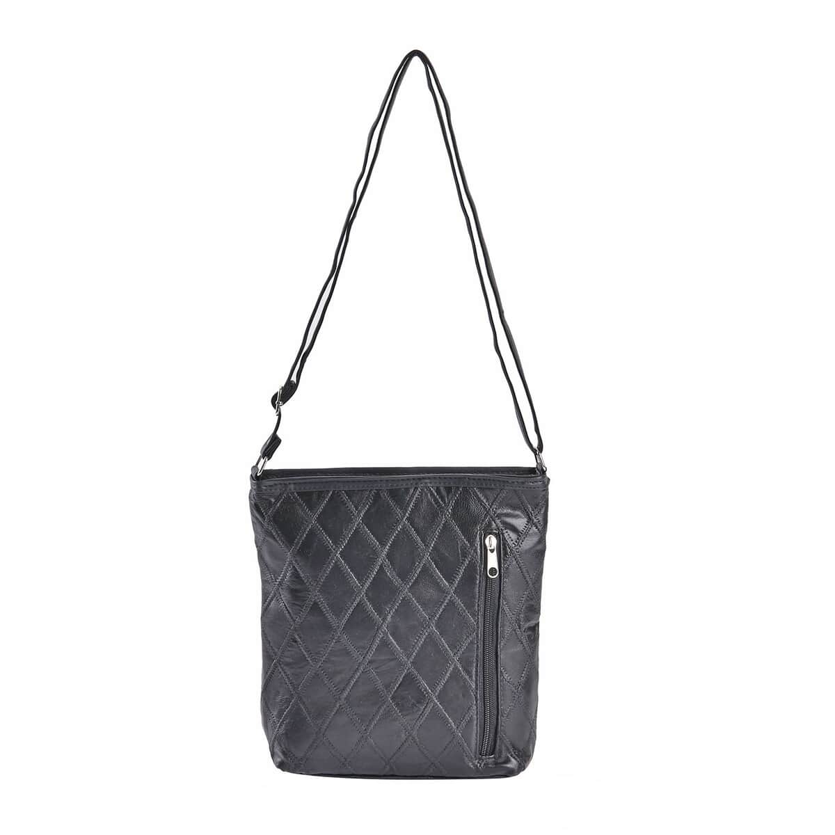 Black Quilted Checker Pattern Genuine Leather Crossbody Bag with Adjustable Shoulder Strap image number 0