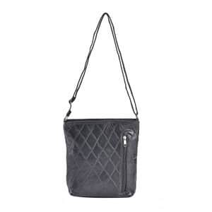 Black Quilted Checker Pattern Genuine Leather Crossbody Bag with Adjustable Shoulder Strap