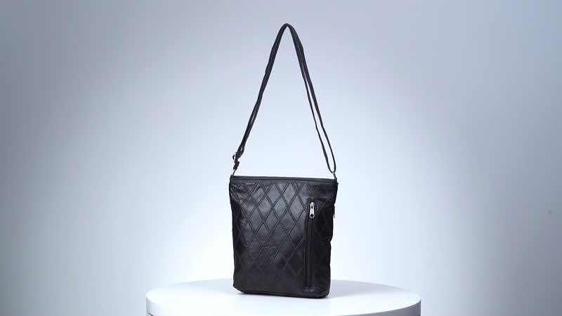 Black Quilted Checker Pattern Genuine Leather Crossbody Bag (10"x9.5"x2") with Adjustable Shoulder Strap