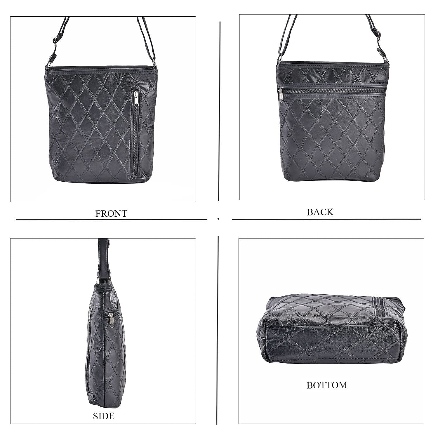 Black Quilted Checker Pattern Genuine Leather Crossbody Bag with Adjustable Shoulder Strap