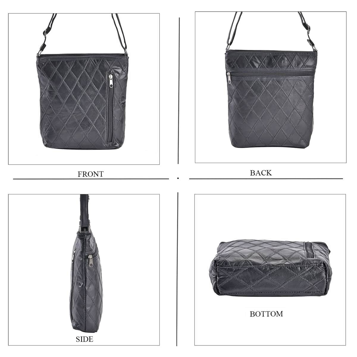 Black Quilted Checker Pattern Genuine Leather Crossbody Bag with Adjustable Shoulder Strap image number 1