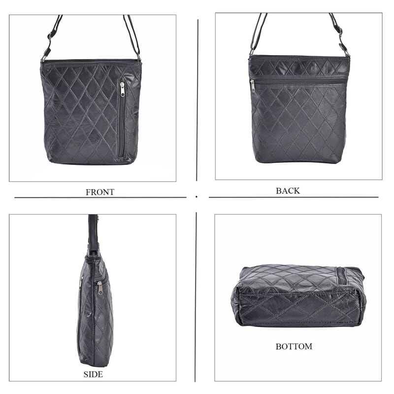 Black Quilted Checker Pattern Genuine Leather Crossbody Bag with Adjustable Shoulder Strap