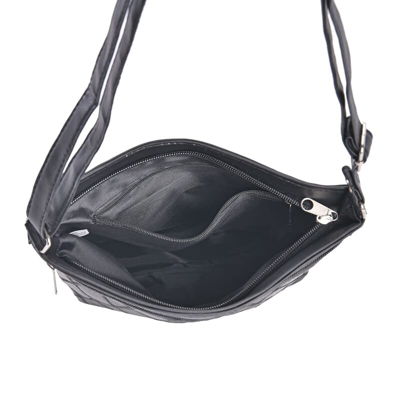 Black Quilted Checker Pattern Genuine Leather Crossbody Bag with Adjustable Shoulder Strap
