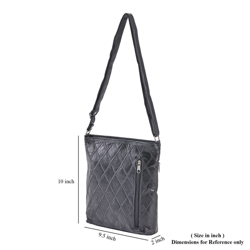 Black Quilted Checker Pattern Genuine Leather Crossbody Bag with Adjustable Shoulder Strap