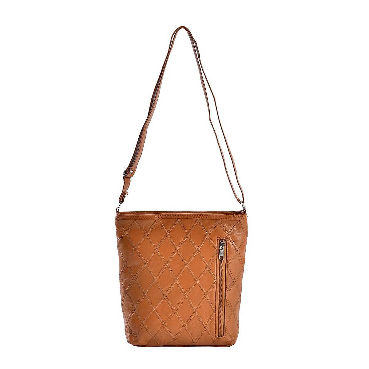 Tan Quilted Checker Pattern Genuine Leather Crossbody Bag with Adjustable Shoulder Strap image number 0