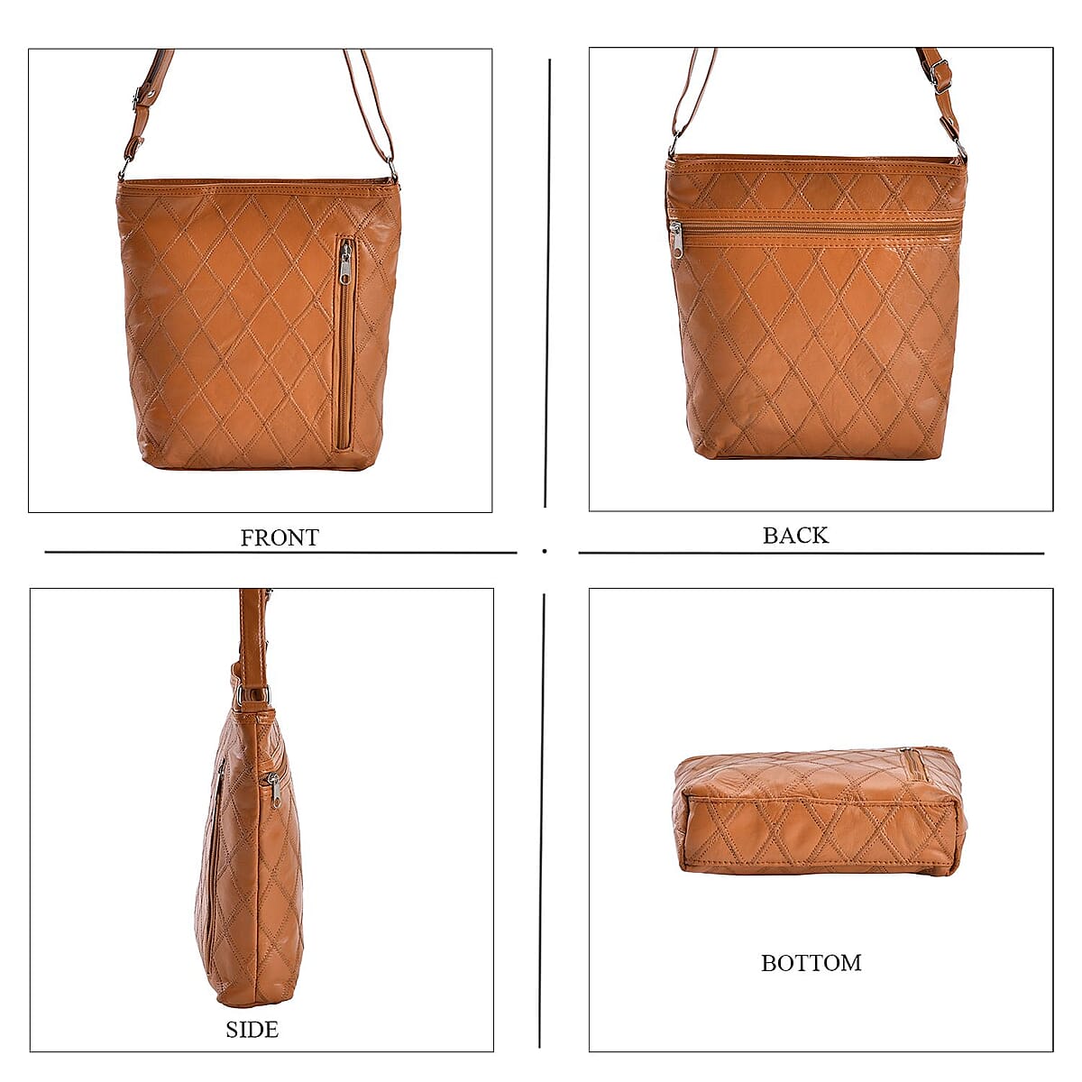 Tan Quilted Checker Pattern Genuine Leather Crossbody Bag with Adjustable Shoulder Strap image number 1