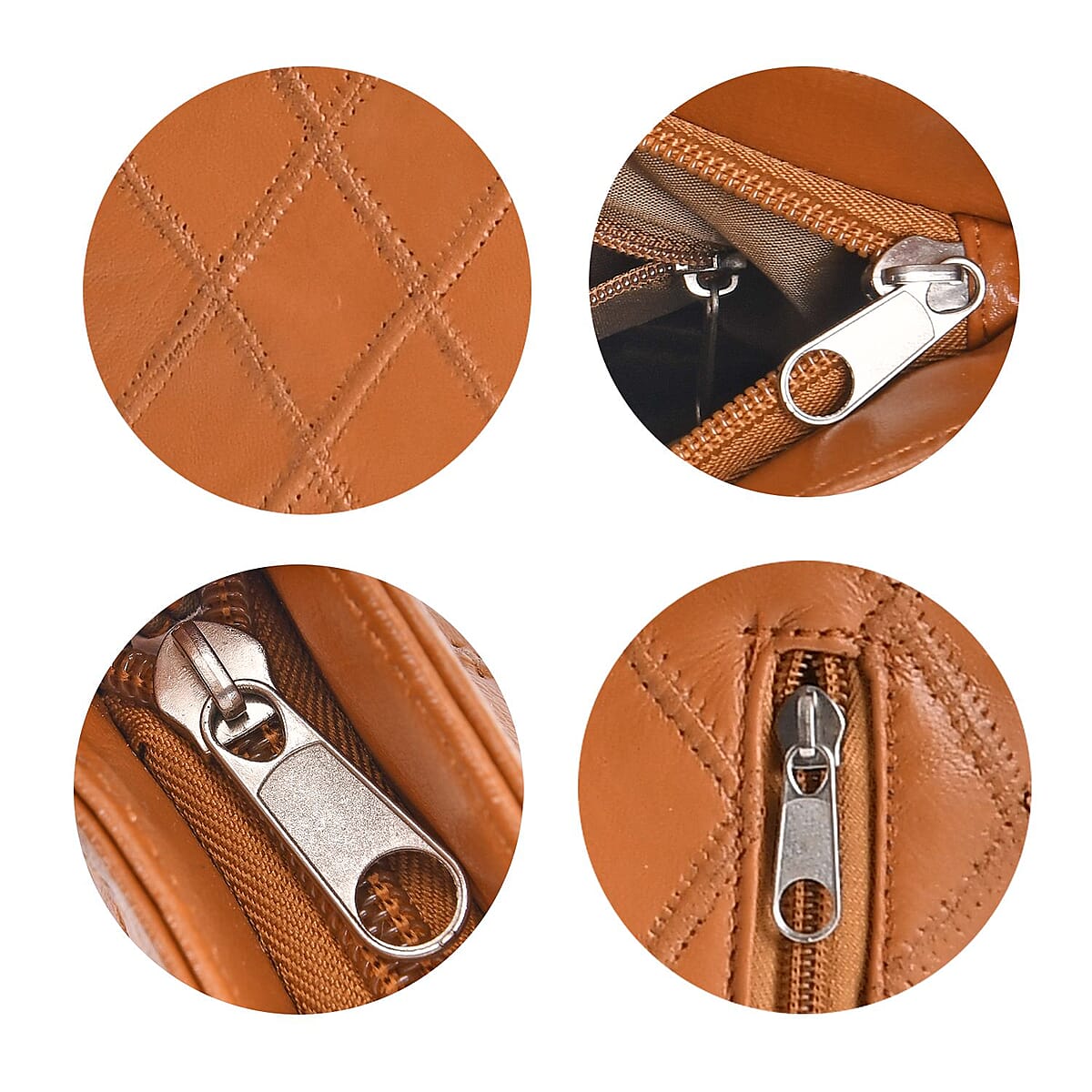 Tan Quilted Checker Pattern Genuine Leather Crossbody Bag with Adjustable Shoulder Strap image number 3