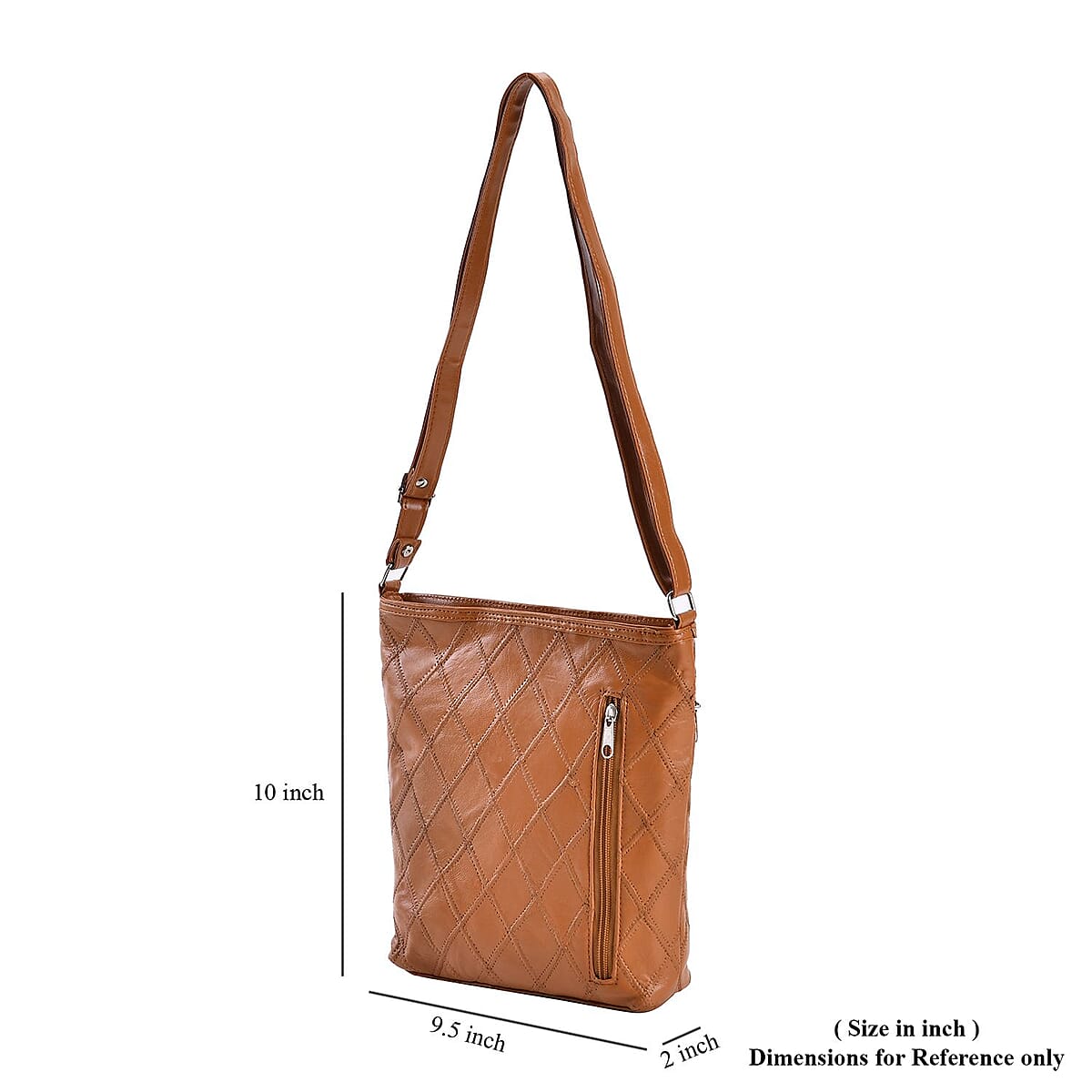 Tan Quilted Checker Pattern Genuine Leather Crossbody Bag with Adjustable Shoulder Strap image number 4