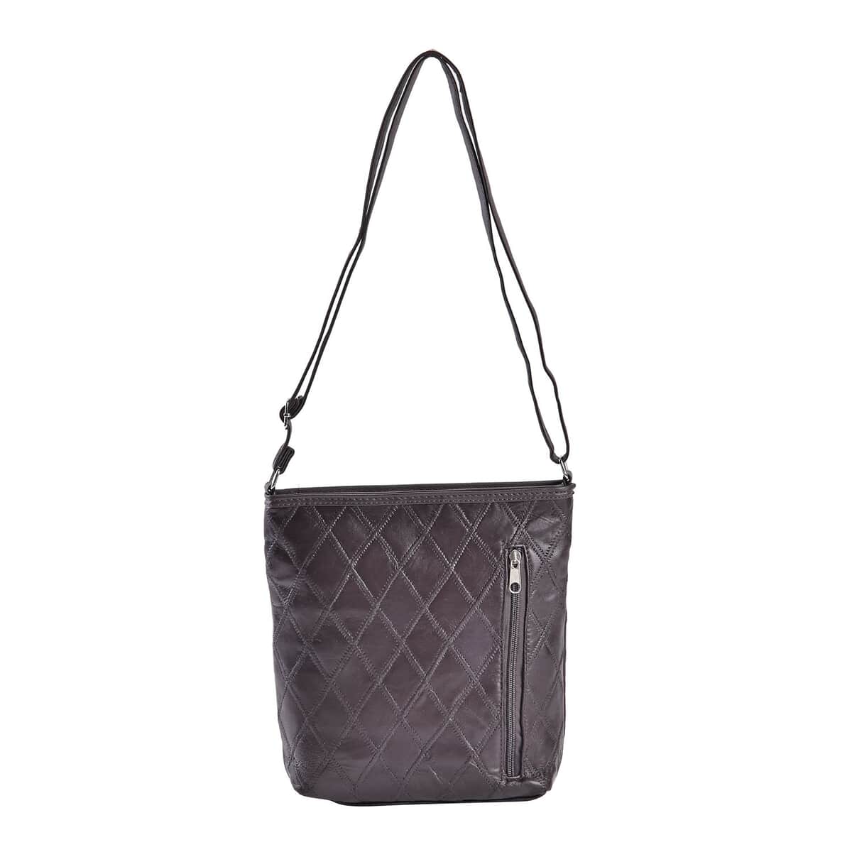 Brown Quilted Checker Pattern Genuine Leather Crossbody Bag with Adjustable Shoulder Strap image number 0