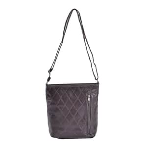 Brown Quilted Checker Pattern Genuine Leather Crossbody Bag with Adjustable Shoulder Strap