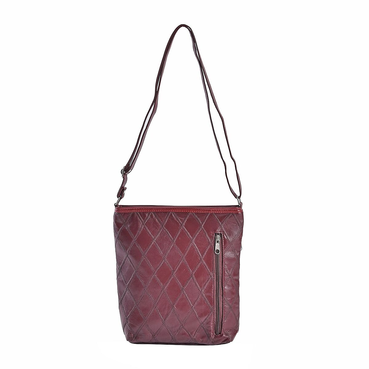 Burgundy Quilted Checker Pattern Genuine Leather Crossbody Bag with Adjustable Shoulder Strap image number 0