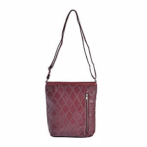 Burgundy Quilted Checker Pattern Genuine Leather Crossbody Bag with Adjustable Shoulder Strap
