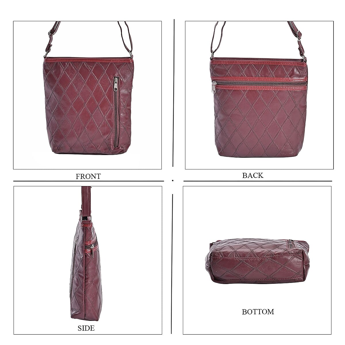 Burgundy Quilted Checker Pattern Genuine Leather Crossbody Bag with Adjustable Shoulder Strap image number 1