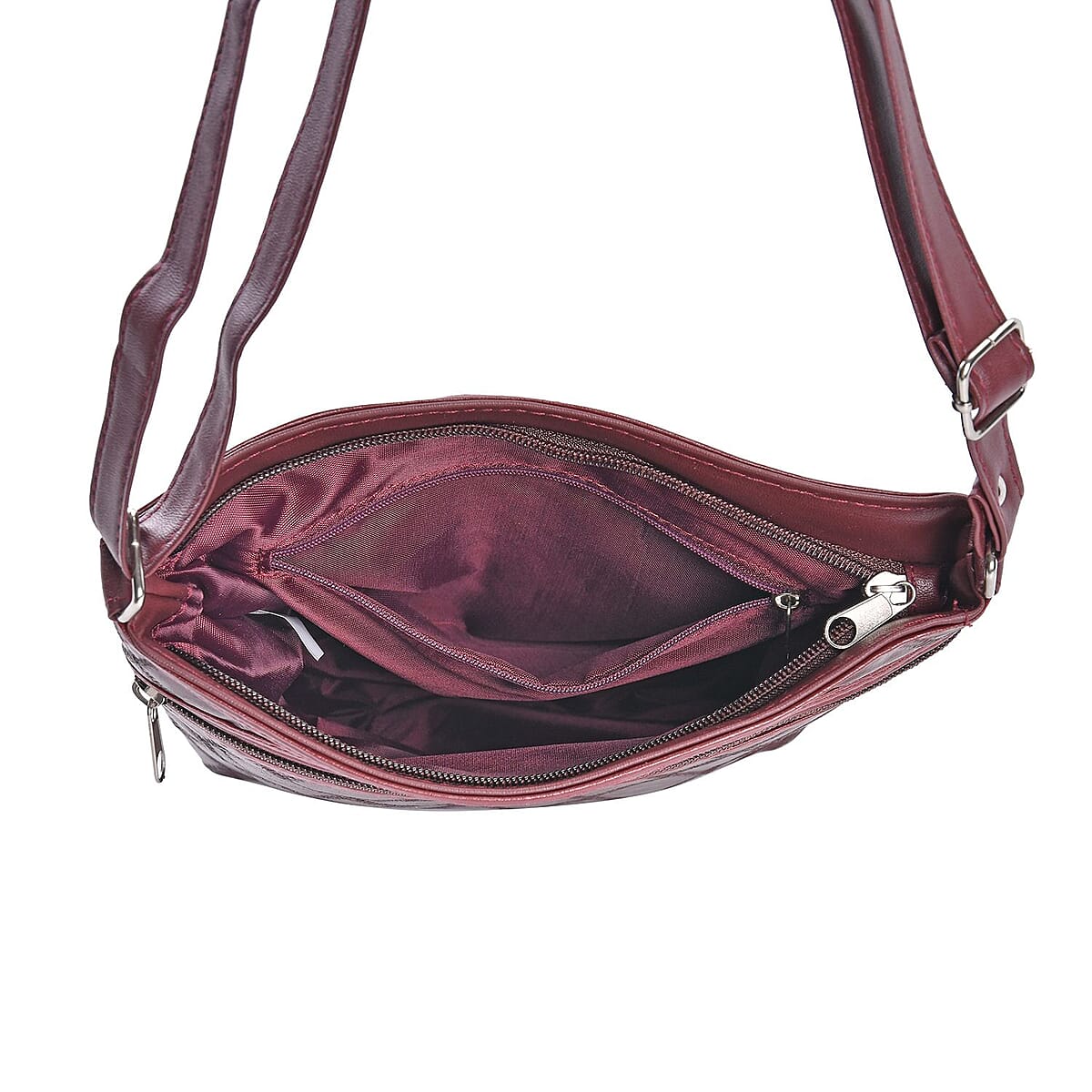 Burgundy Quilted Checker Pattern Genuine Leather Crossbody Bag with Adjustable Shoulder Strap image number 2