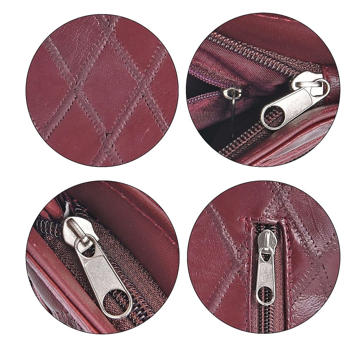 Burgundy Quilted Checker Pattern Genuine Leather Crossbody Bag with Adjustable Shoulder Strap image number 3