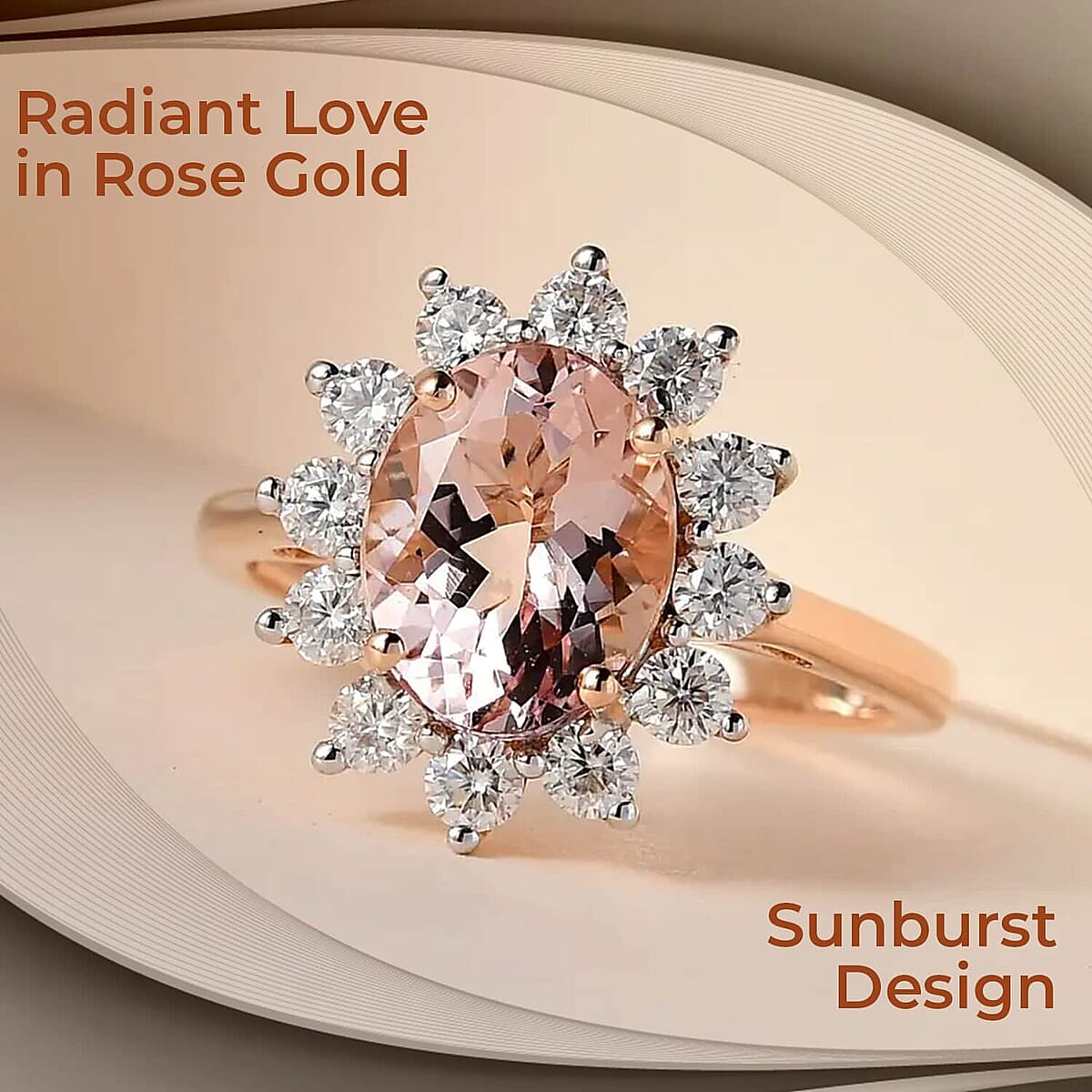 Luxoro AAA Pink Morganite Sunburst Ring, Morganite Ring, Moissanite Accent Ring, Sunburst Halo Ring, 10K Rose Gold Ring, Wedding Ring For Her 2.15 ctw image number 1