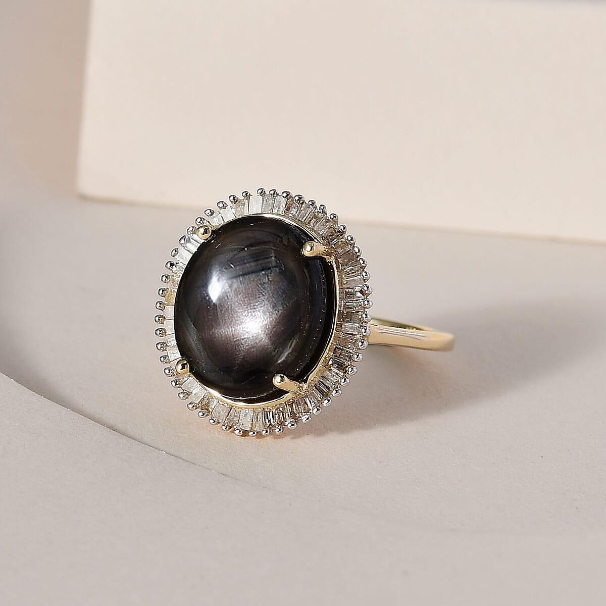 Luxoro 10K Yellow Gold Premium Bankacha Natural Black Star Sapphire and G-H I3 Diamond Halo Ring (Size 10.5) 8.00 ctw image number 1