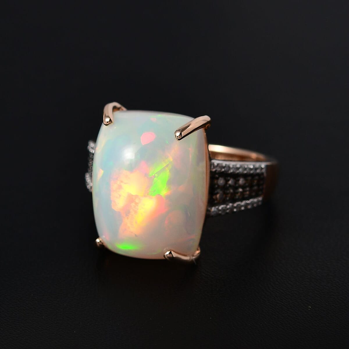 Luxoro 14K Rose Gold AAA Ethiopian Welo Opal, I3 Natural Champagne and White Diamond Ring (Size 8.5) 10.65 ctw image number 1