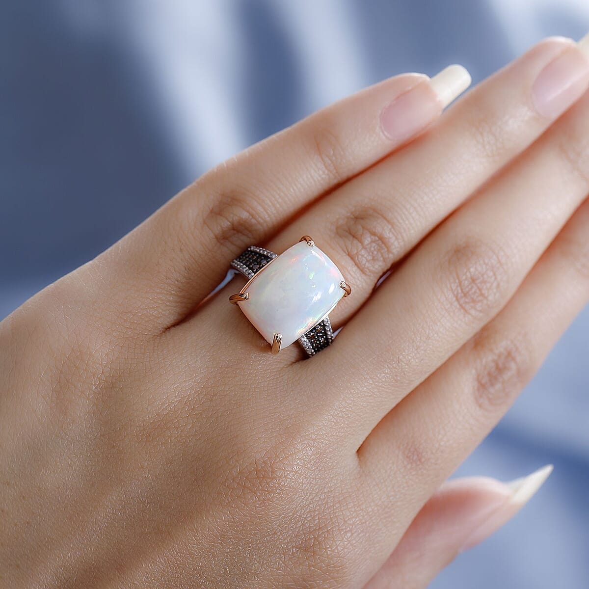 Luxoro 14K Rose Gold AAA Ethiopian Welo Opal, I3 Natural Champagne and White Diamond Ring (Size 8.5) 10.65 ctw image number 2