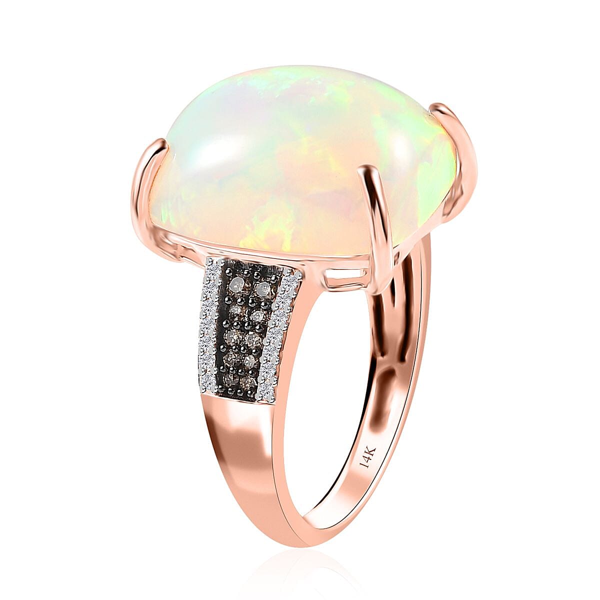 Luxoro 14K Rose Gold AAA Ethiopian Welo Opal, I3 Natural Champagne and White Diamond Ring (Size 8.5) 10.65 ctw image number 3