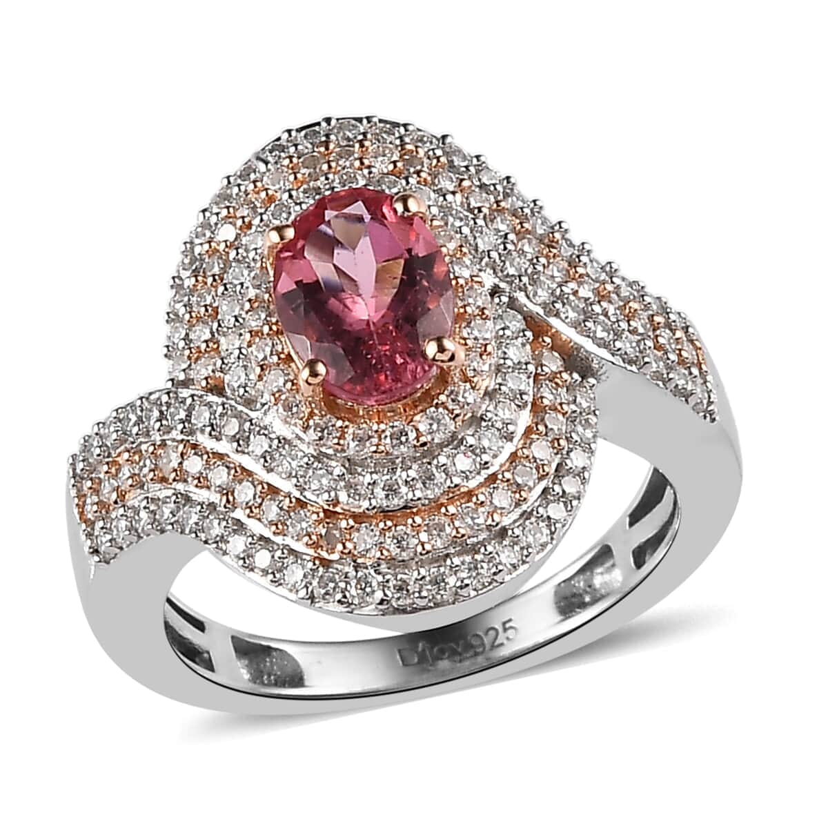 Premium Morro Redondo Pink Tourmaline Ring, Moissanite Accent Ring, Vermeil RG and Platinum Over Sterling Silver Ring, Tourmaline Jewelry 1.35 ctw image number 0