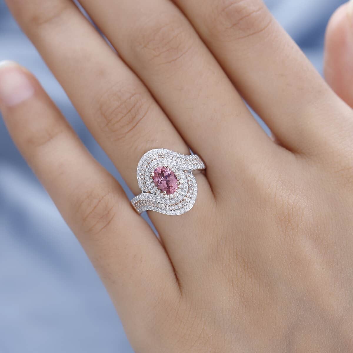 Premium Morro Redondo Pink Tourmaline Ring, Moissanite Accent Ring, Vermeil RG and Platinum Over Sterling Silver Ring, Tourmaline Jewelry 1.35 ctw image number 2