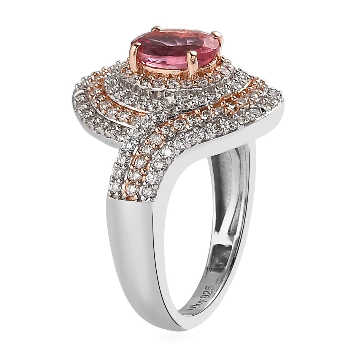 Premium Morro Redondo Pink Tourmaline Ring, Moissanite Accent Ring, Vermeil RG and Platinum Over Sterling Silver Ring, Tourmaline Jewelry 1.35 ctw image number 3