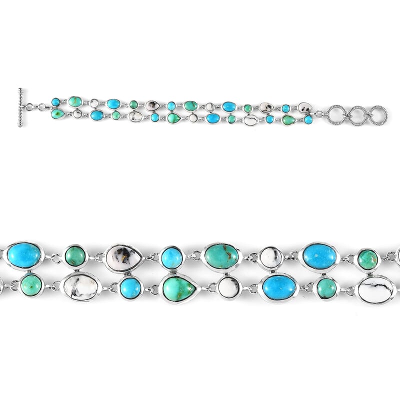 Artisan Crafted White Buffalo and Sonoran Gold and Blue Ridge Turquoise Bracelet in Platinum Over Sterling Silver (6.50-8.0In) 22.40 ctw