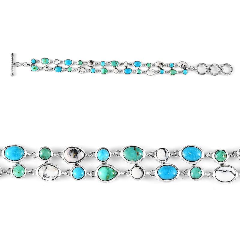 Artisan Crafted White Buffalo and Sonoran Gold and Blue Ridge Turquoise Bracelet in Platinum Over Sterling Silver (6.50-8.0In) 22.40 ctw