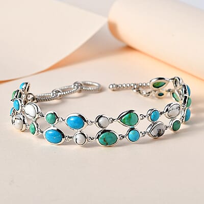 Artisan Crafted White Buffalo and Sonoran Gold and Blue Ridge Turquoise Bracelet in Platinum Over Sterling Silver (6.50-8.0In) 22.40 ctw