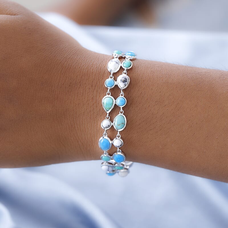 Artisan Crafted White Buffalo and Sonoran Gold and Blue Ridge Turquoise Bracelet in Platinum Over Sterling Silver (6.50-8.0In) 22.40 ctw