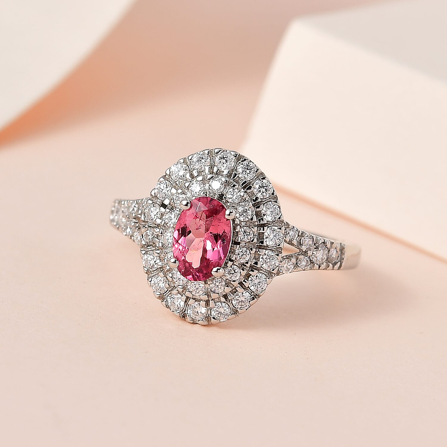 Ouro Fino Rubellite and Moissanite Double Halo Ring in Platinum Over Sterling Silver (Size 10.0) 0.75 ctw