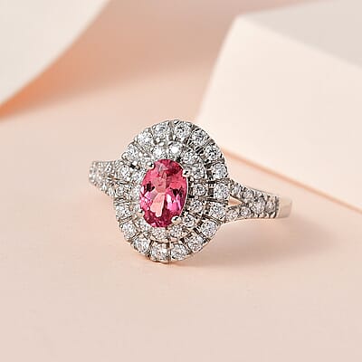 Ouro Fino Rubellite and Moissanite Double Halo Ring in Platinum Over Sterling Silver (Size 10.0) 0.75 ctw