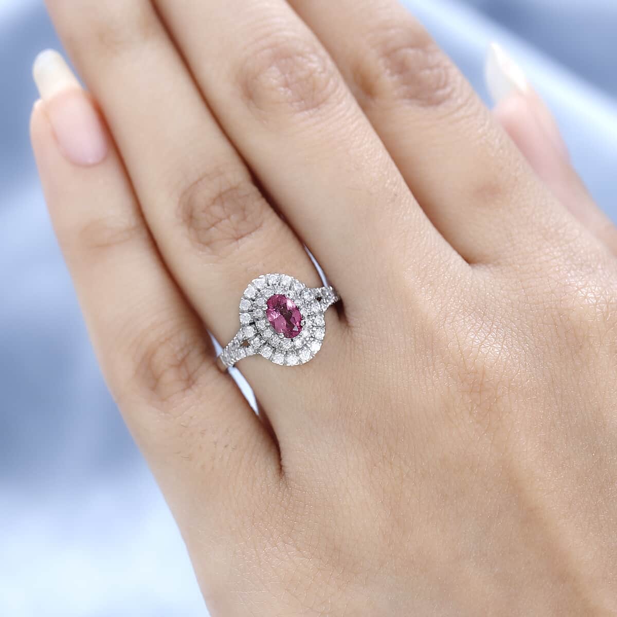 Ouro Fino Rubellite and Moissanite Double Halo Ring in Platinum Over Sterling Silver 0.75 ctw image number 2