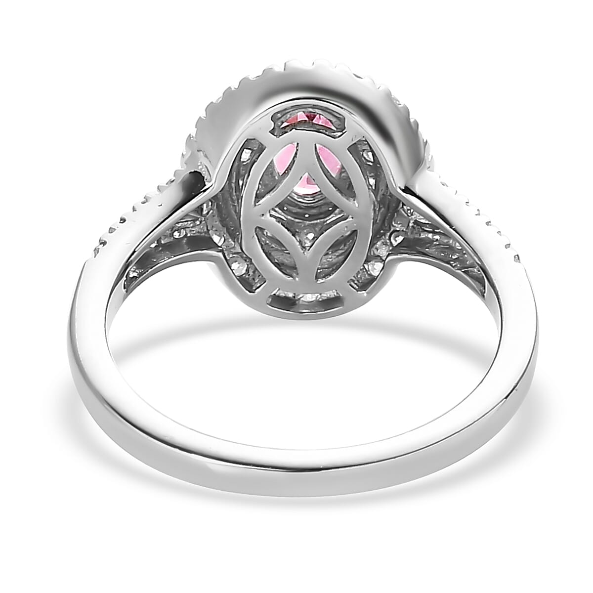 Ouro Fino Rubellite and Moissanite Double Halo Ring in Platinum Over Sterling Silver (Size 10.0) 0.75 ctw