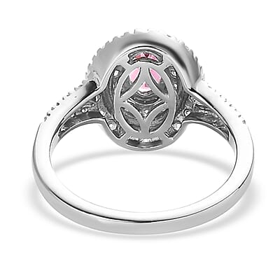 Ouro Fino Rubellite and Moissanite Double Halo Ring in Platinum Over Sterling Silver (Size 10.0) 0.75 ctw