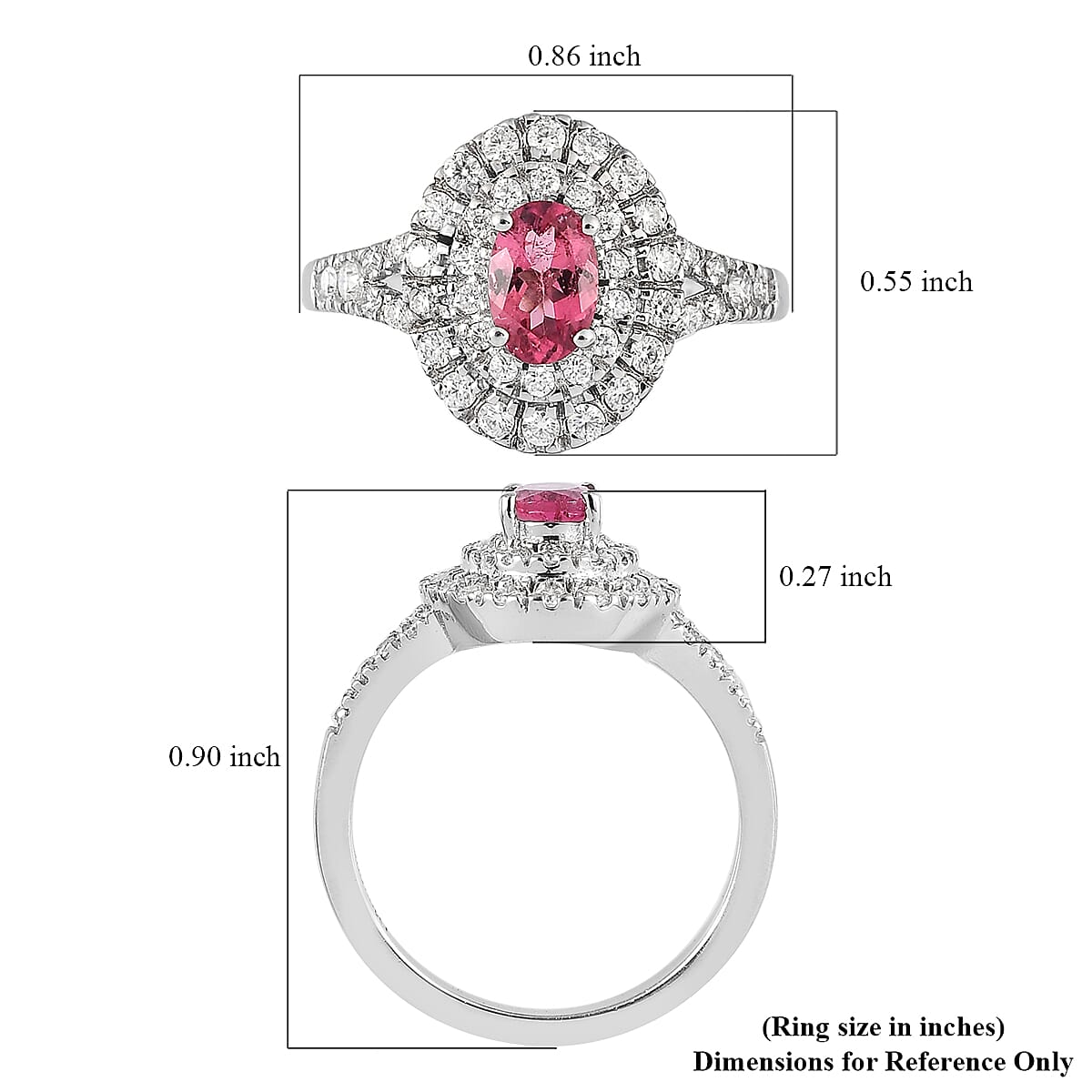 Ouro Fino Rubellite and Moissanite Double Halo Ring in Platinum Over Sterling Silver (Size 10.0) 0.75 ctw