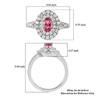 Ouro Fino Rubellite and Moissanite Double Halo Ring in Platinum Over Sterling Silver (Size 10.0) 0.75 ctw