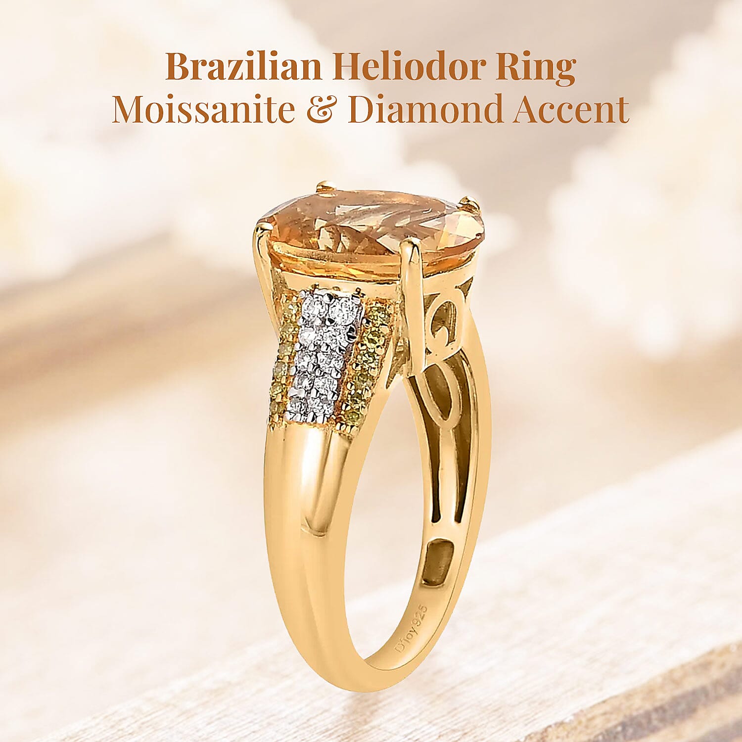 Premium Brazilian Heliodor and Moissanite, Natural Yellow Diamond Ring in Vermeil Yellow Gold Over Sterling Silver (Size 5.0) 3.10 ctw