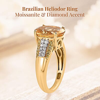 Premium Brazilian Heliodor and Moissanite, Natural Yellow Diamond Ring in Vermeil Yellow Gold Over Sterling Silver (Size 5.0) 3.10 ctw