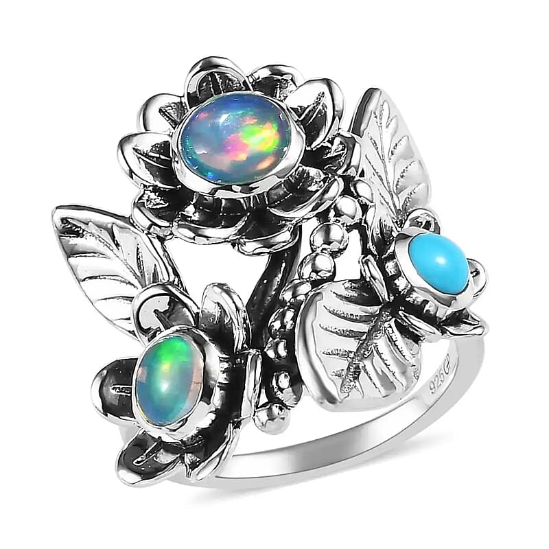 GP Italian Garden Collection Premium Ethiopian Welo Opal Ring,  Sleeping Beauty Turquoise Ring, Floral Ring, Multi Gemstone Ring, Sterling Silver Ring, Fashion Ring 1.35 ctw (Size 10.0)