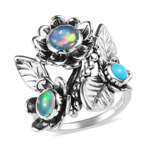 GP Italian Garden Collection Premium Ethiopian Welo Opal Ring,  Sleeping Beauty Turquoise Ring, Floral Ring, Multi Gemstone Ring, Sterling Silver Ring, Fashion Ring 1.35 ctw (Size 5.0)