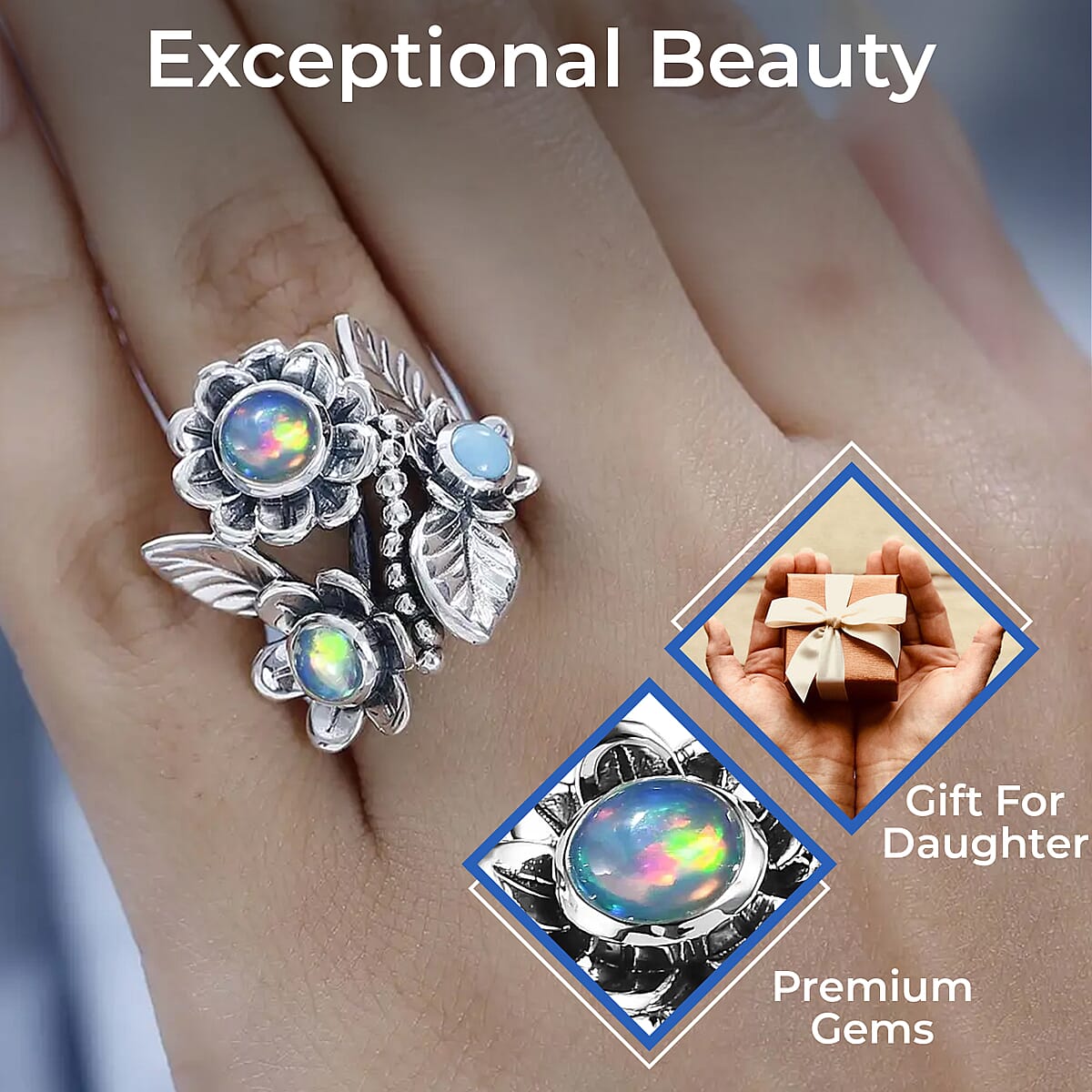 GP Italian Garden Collection Premium Ethiopian Welo Opal Ring,  Sleeping Beauty Turquoise Ring, Floral Ring, Multi Gemstone Ring, Sterling Silver Ring, Fashion Ring 1.35 ctw (Size 6.0) image number 2