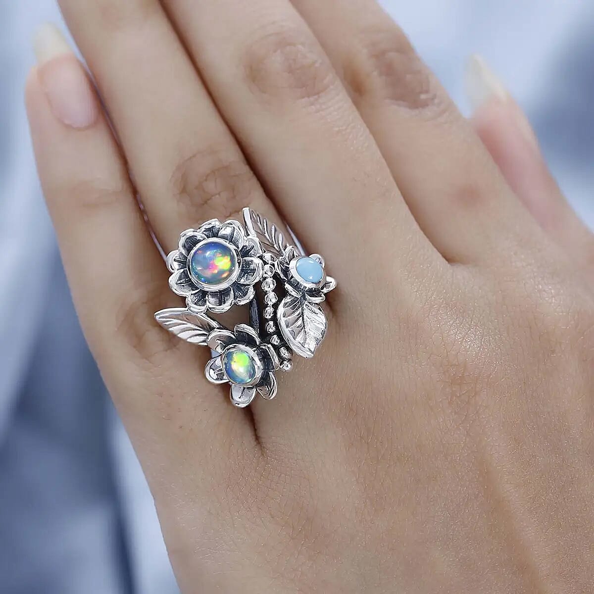 GP Italian Garden Collection Premium Ethiopian Welo Opal Ring,  Sleeping Beauty Turquoise Ring, Floral Ring, Multi Gemstone Ring, Sterling Silver Ring, Fashion Ring 1.35 ctw (Size 6.0) image number 5