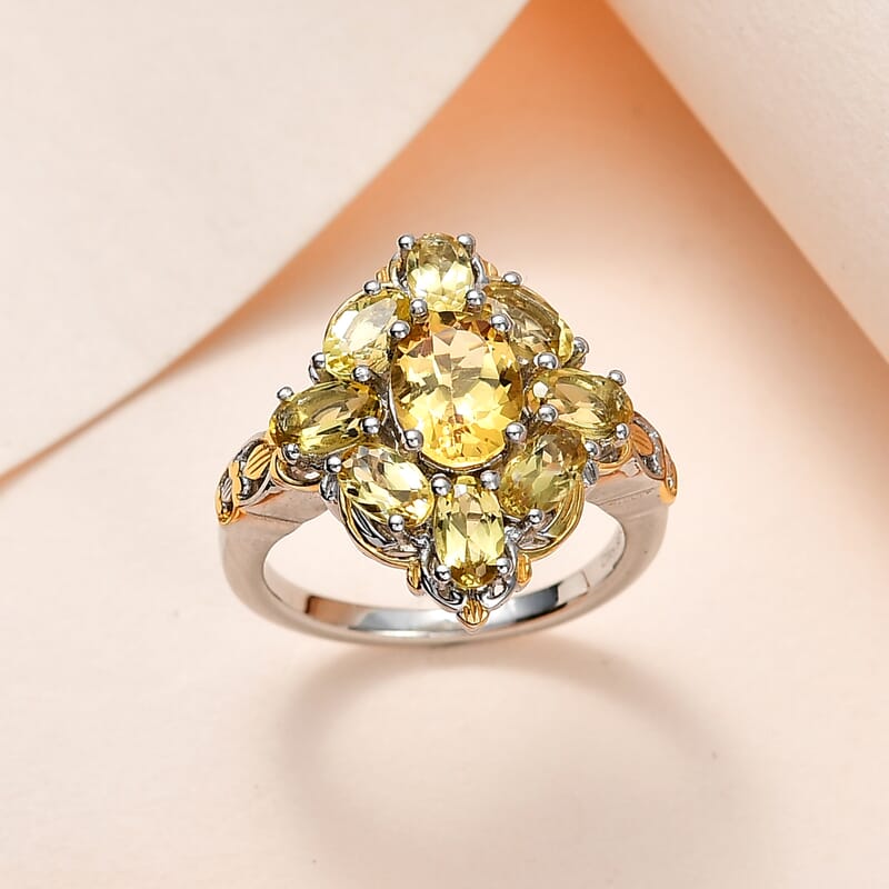Premium Brazilian Heliodor Elongated Ring in Vermeil Yellow Gold and Platinum Over Sterling Silver (Size 10.0) 2.75 ctw