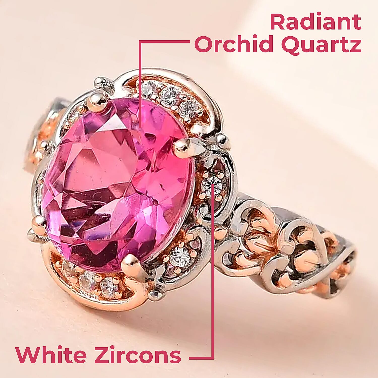 Radiant Orchid Quartz (Triplet) and White Zircon Ring in Vermeil RG and Platinum Over Sterling Silver (Size 10.0) 2.90 ctw
