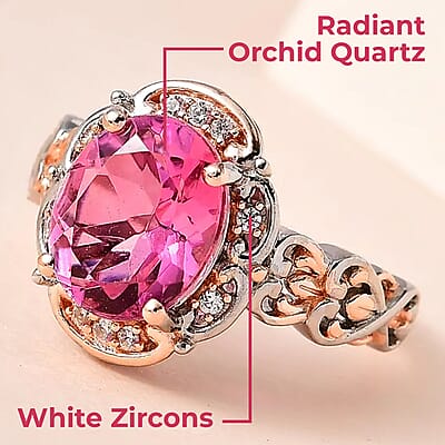 Radiant Orchid Quartz (Triplet) and White Zircon Ring in Vermeil RG and Platinum Over Sterling Silver (Size 10.0) 2.90 ctw