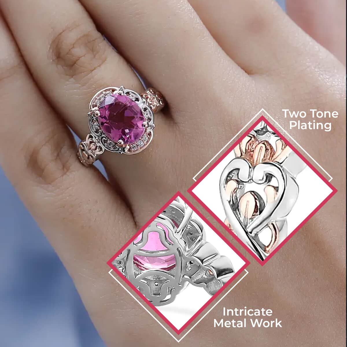 Radiant Orchid Quartz (Triplet) and White Zircon Ring in Vermeil RG and Platinum Over Sterling Silver (Size 10.0) 2.90 ctw image number 2