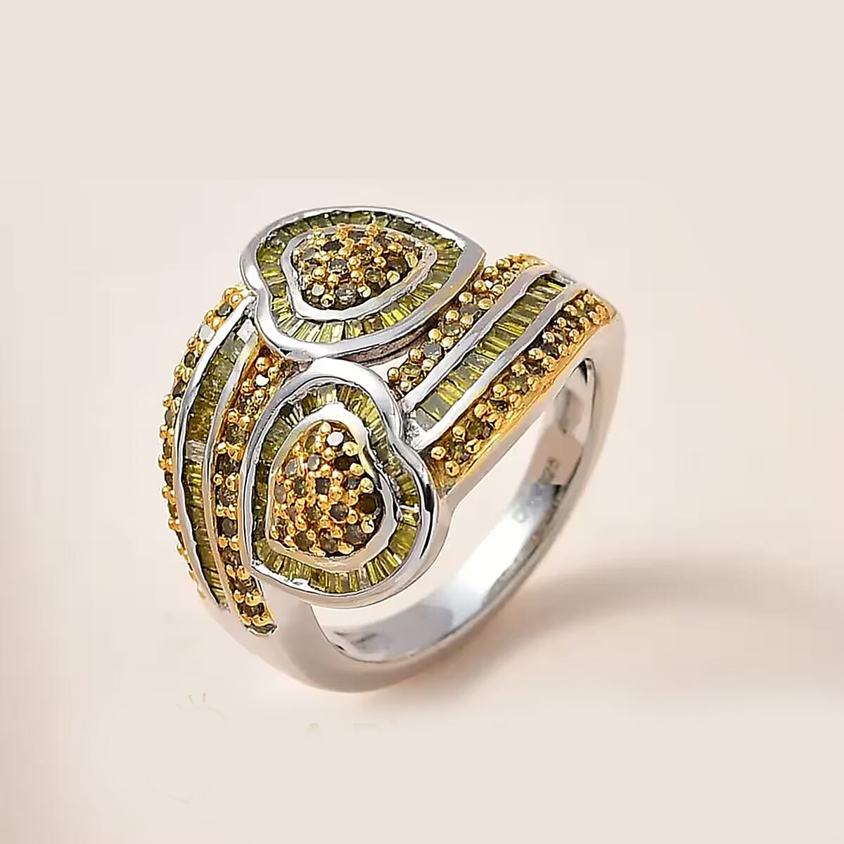 Yellow Diamond Cluster Ring,  Diamond Bypass Ring, Yellow Diamond Ring, Diamond Hearts Ring, Platinum Over Sterling Silver Ring, Diamond Gift For Her, Wedding Ring 1.00 ctw image number 6